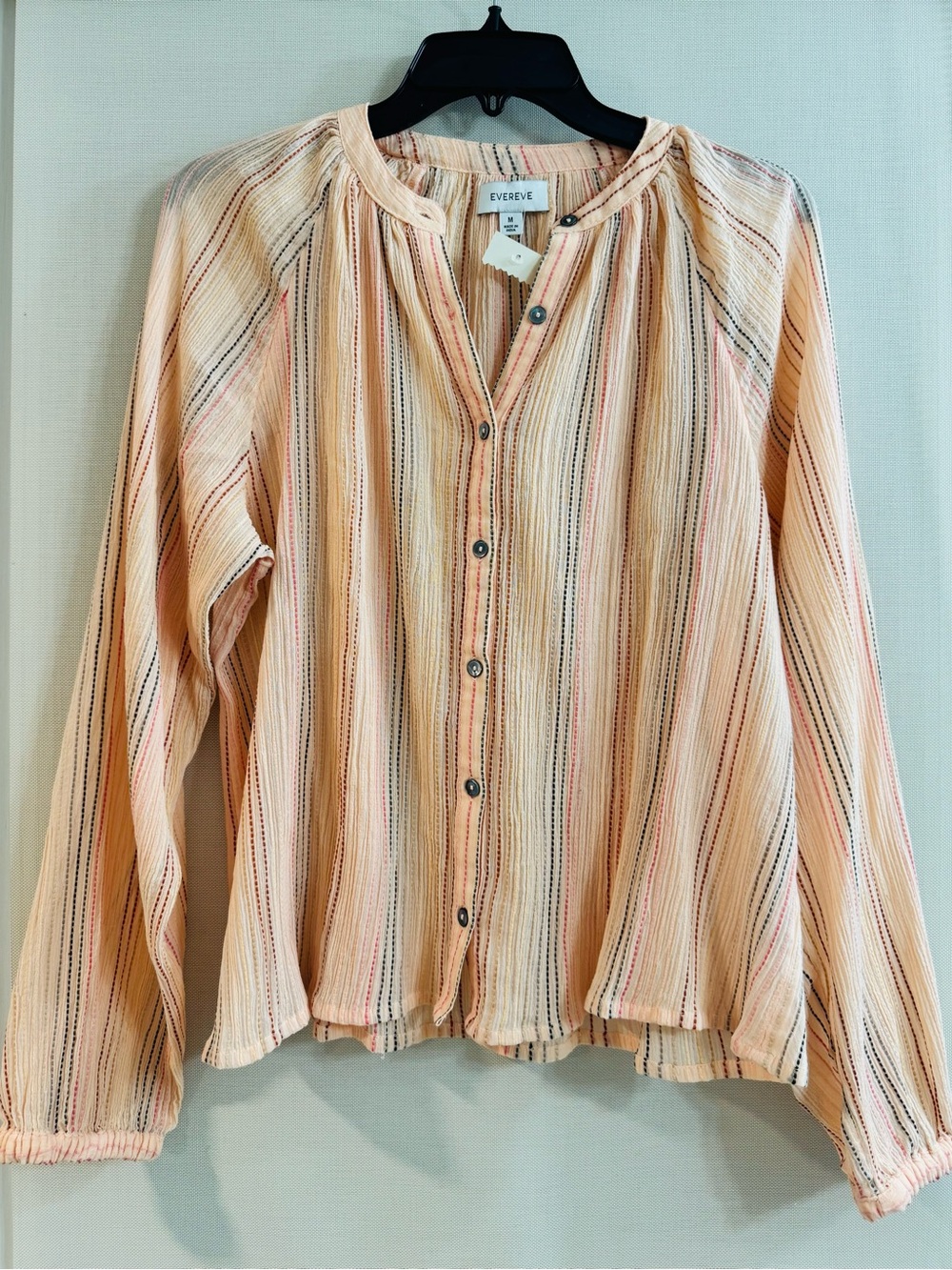 Evereve Peach Striped Button-Front Long Sleeve Blouse Medium